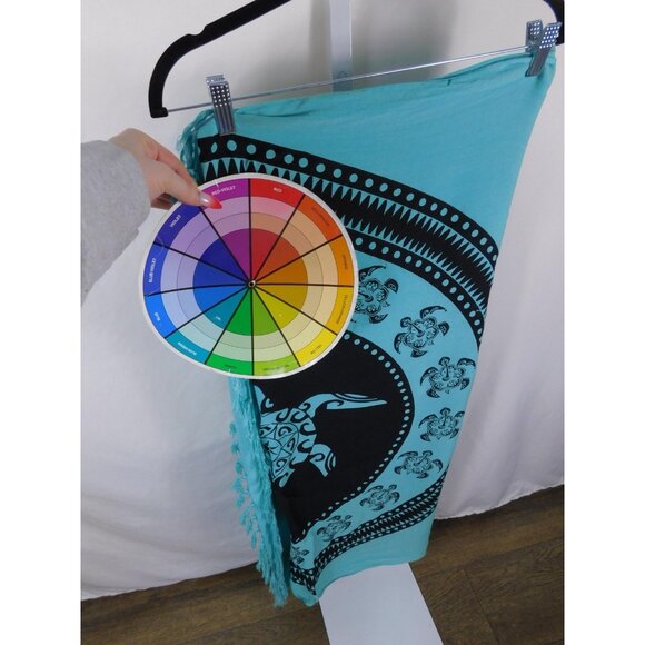 Maya Pareos Sarong Womens One Size Turquoise Black Sea Turtle Beach Rayon Fringe - Picture 9 of 11